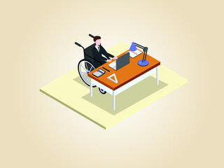 handicapped businessman working on laptop isometric isometric 3d vector concept for banner, website, illustration, landing page, flyer, etc.