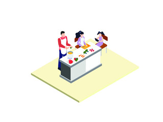 Family cooking together isometric 3d vector concept for banner, website, illustration, landing page, flyer, etc.