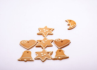 Christmas homemade gingerbread cookies on white background. Christmas home baking