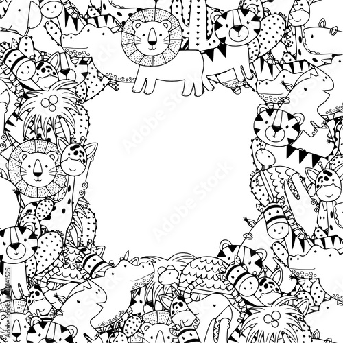 Black And White Frame Template With Safari Animals Kids Coloring Page Line Art Illustration Vector Wall Mural Islanowarul Gmail Co