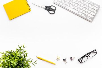Minimalism workplace at office or home. Flat lay desktop with keyboard