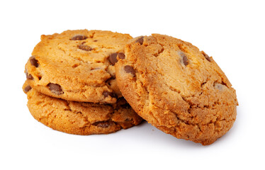 Pile of chocolate chip cookies isolated on white background