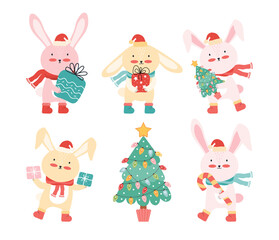 Obraz na płótnie Canvas New year collection happy baby rabbits in Santa hat with a Christmas tree, gifts, and a candy cane. Christmas funny cartoon animals. Cute bunnies having fun on winter holiday. Vector flat illustration
