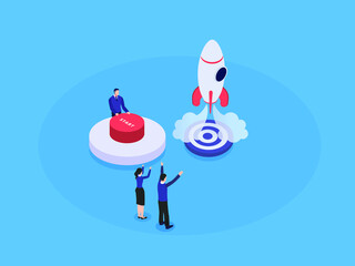 Startup launcing isometric 3d vector concept for banner, website, illustration, landing page, flyer, etc.