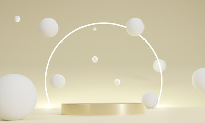 3D rendering  golden podium with White sphere background. Cylinder shape of product display, Luxury golden modern concepts.