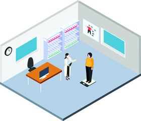 Female doctor measuring  patient weight  isometric 3d vector concept for banner, website, illustration, landing page, flyer, etc.