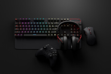 Top view of gamer workspace and gear like mouse, keyboard, joystick, headset © Vasyl Onyskiv