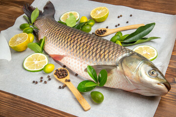 front view fresh fish with lemon slices on wooden table food seafood dish ocean
