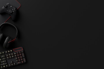 Top view of gamer workspace and gear like mouse, keyboard, joystick, headset