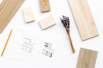 Blueprint kitchen project plan with samplew of material and color scheme