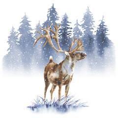 Watercolor winter deer, Christmas card, Holiday card printable, Winter forest illustration