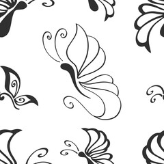 Doodle butterfly seamless pattern isolatednon white. Hand drawing line art. Sketch animal. Vector stock illustration. EPS 10