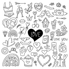 Hand drawn Valentines  day doodle set   isolated on white background. Vector outline illustration. Design for greeting card, banner, web, sticker
