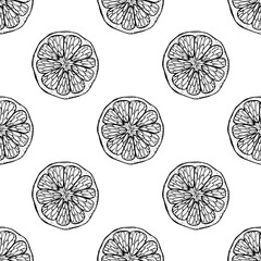 Citrus seamless pattern. Cut off  round piece segment of fruit in the skin. Mandarin lemon orange grapefruit lime. Hand drawn doodle outline black sketch. Stock vector illustration on white background