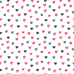 Watercolor seamless pattern  hearts on white background. Great for fabrics, wrapping papers, wallpapers, covers. Hand painted illustration for Valentine's day.