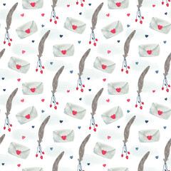Fototapeta premium Watercolor vintage seamless pattern with love letters, feathers or quills for Valentine's day on white. Great for fabrics, wrapping papers, wallpapers, covers. Pink, red and gray colors.