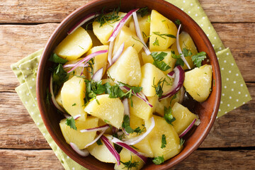 Light Mediterranean potato salad with onions, herbs and olive oil close-up in a bowl on the table. horizontal top view from above