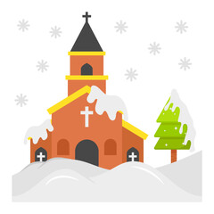 Church Building Concept, Snow with Pine Tree Vector Color Icon Design, Merry Christmas Symbol on white background, New Year Celebration Sign,