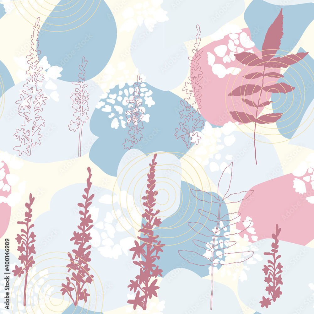 Poster floral botanical vector seamless pattern with hand drawn agrimony flowers and tropical leaves in pas