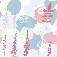 Floral botanical vector seamless pattern with hand drawn agrimony  flowers and tropical  leaves  in pastel colors.  Abstract botanical motif with stylized hostas or hydrangea leaves.