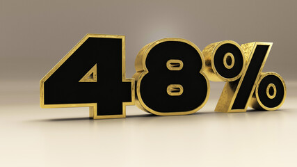 48 percent 3d gold and black luxury text isolated on white, 3d render illustration