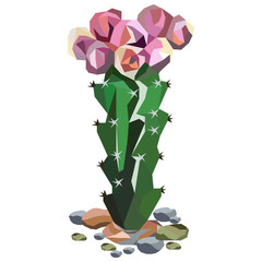 Low poly illustration of cactus tree with flower and stones. Gradient, polygonal.