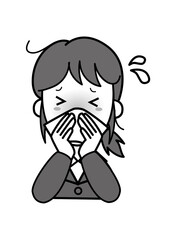 鼻水が止まらず困っているスーツ姿の若いOL女性