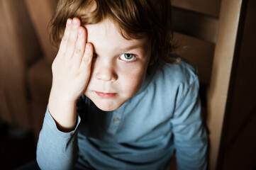 Portrait of a cute preschooler boy with hands near his face.