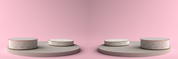 3D rendering of Round marble Pedestal, Podium for display product on the pink floor. Pedestal can be used for commercial advertising, Isolated on pink background, Product Presentation, illustration.