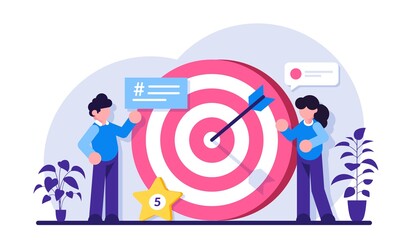 Business Strategy or Vision, big target with people, teamwork. Move up motivation, target achievement, successful contract team work. Modern flat illustration.