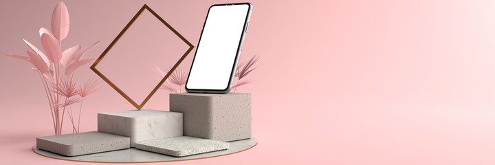 3D rendering of The Smartphone white screen on Square marble Pedestal, Mobile phone mockup tilted to the ground. Pedestal can be used for commercial advertising, Isolated on Minimal pink background.
