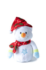 Soft toy cute white snowman in scarf and hat isolated on white background