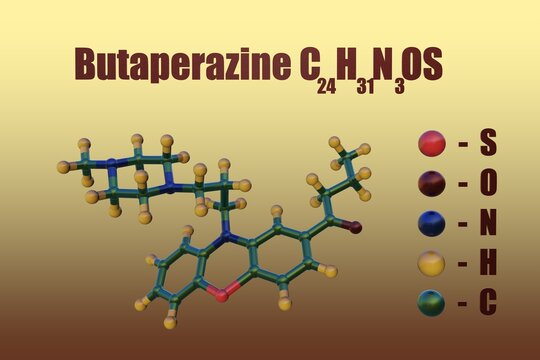 Structural chemical formula and molecular model of butaperazine, a typical antipsychotic of the phenothiazine class and the central nervous system depressant. Scientific background. 3d illustration