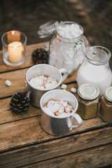 Hot cocoa with melted marshmallows and cinnamon on wooden table nearpot with milk.