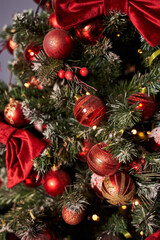 close up is a beautiful Christmas tree, slightly with snow-covered branches and cones, decorated with red balls and big red velvet bows