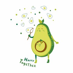 Vector illustration of funny avocado with bone blow bubbles. Happy together lettering. The design is isolated on a white background.
