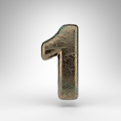 Number 1 on white background. Bronze 3D number with oxidized scratched texture.
