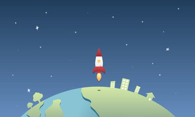 Rocket launch out of the world in to the space, Flat vector design