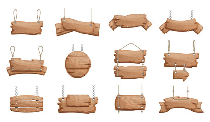 Naklejka premium Wooden signs set. Wood blank banner hanging, empty signboard illustration