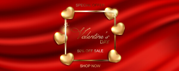 Happy Valentines Day sale banner on silk fabric background