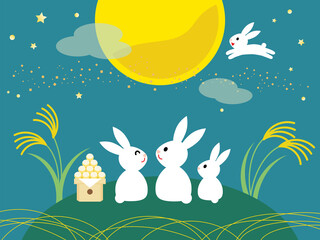 ススキとお団子とお月見をする兎たち