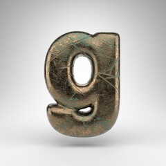 Letter G lowercase on white background. Bronze 3D letter with oxidized scratched texture.
