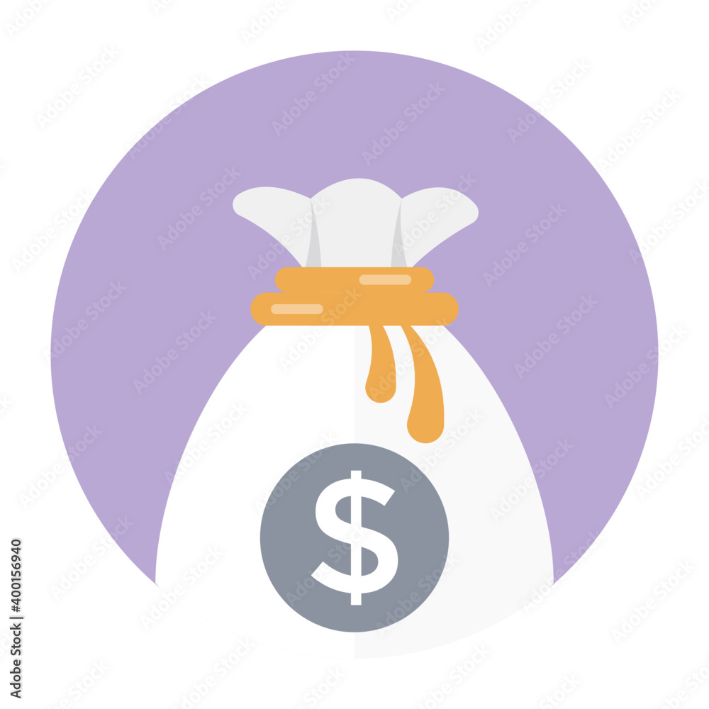 Sticker dollar money bag icon flat rounded design.