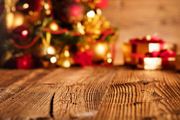 Christmas time concept. Christmas decoration in golden and brownish aesthetics. Christmas  presents in golden boxes.  