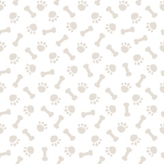 Seamless gray background pattern with dog paws and bones