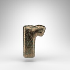 Letter R lowercase on white background. Bronze 3D letter with oxidized scratched texture.