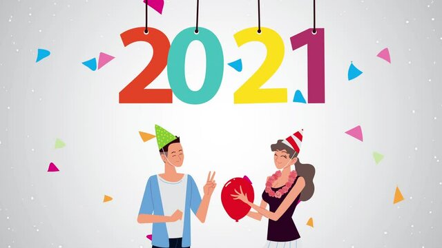 happy new year 2021 celebration with colorful numbers and couple celebrating