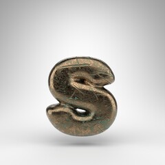 Fototapeta premium Letter S lowercase on white background. Bronze 3D letter with oxidized scratched texture.