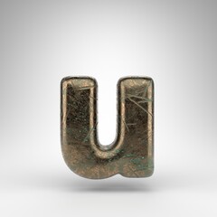 Letter U lowercase on white background. Bronze 3D letter with oxidized scratched texture.