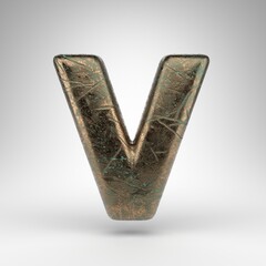 Letter V uppercase on white background. Bronze 3D letter with oxidized scratched texture.